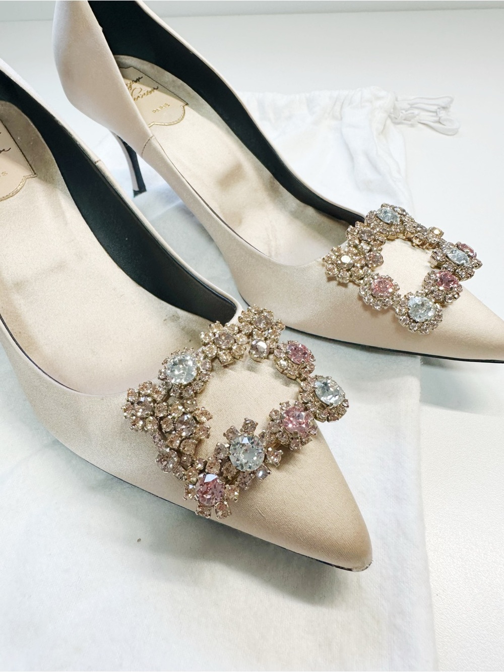 Roger Vivier Blush Satin Pointed-Toe Pumps with Crystal Buckles